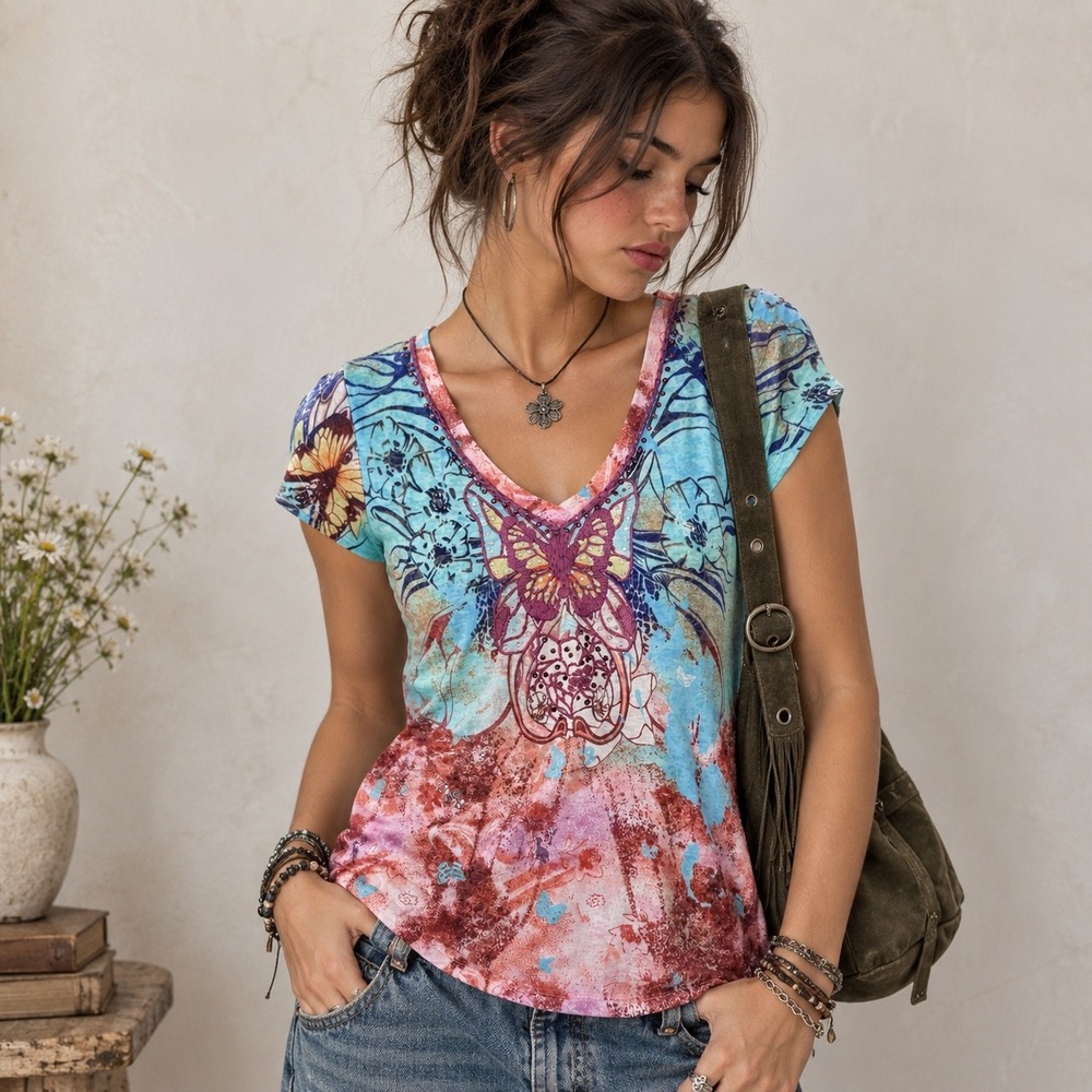 Y2K Fairycore Butterfly Graphic Top Sz XL Multicolor Boho Fairy Grunge Artsy